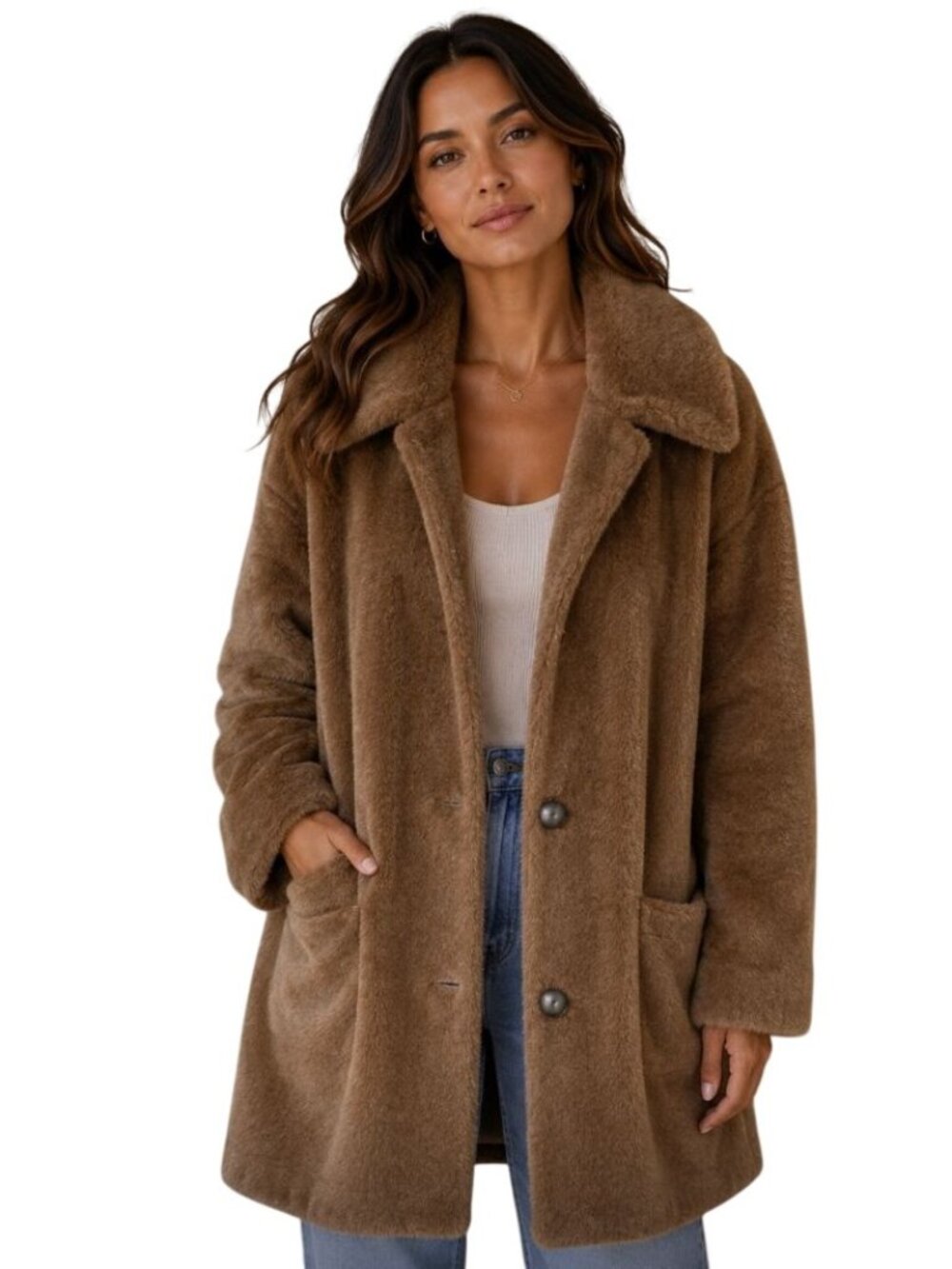 VINCE Faux Fur Car Coat In Bark - Size XXS